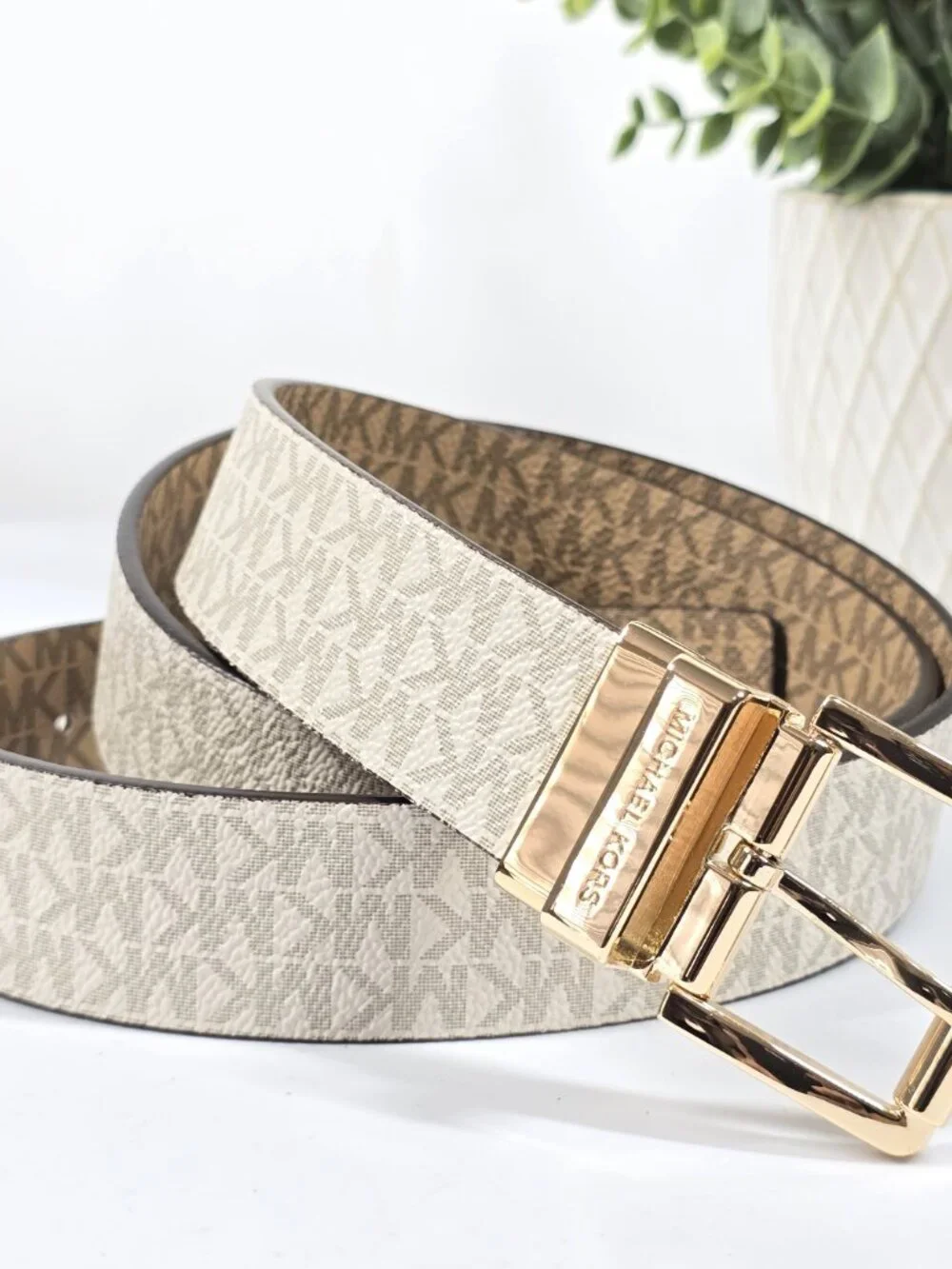 Michael Kors Reversible Belt Women L Cream Gold Buckle NWT